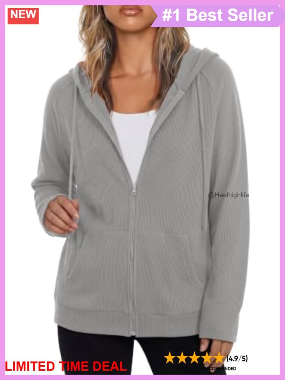 Waffle Knit Zip Up Hoodie Long Sleeve Sweatshirt Casual